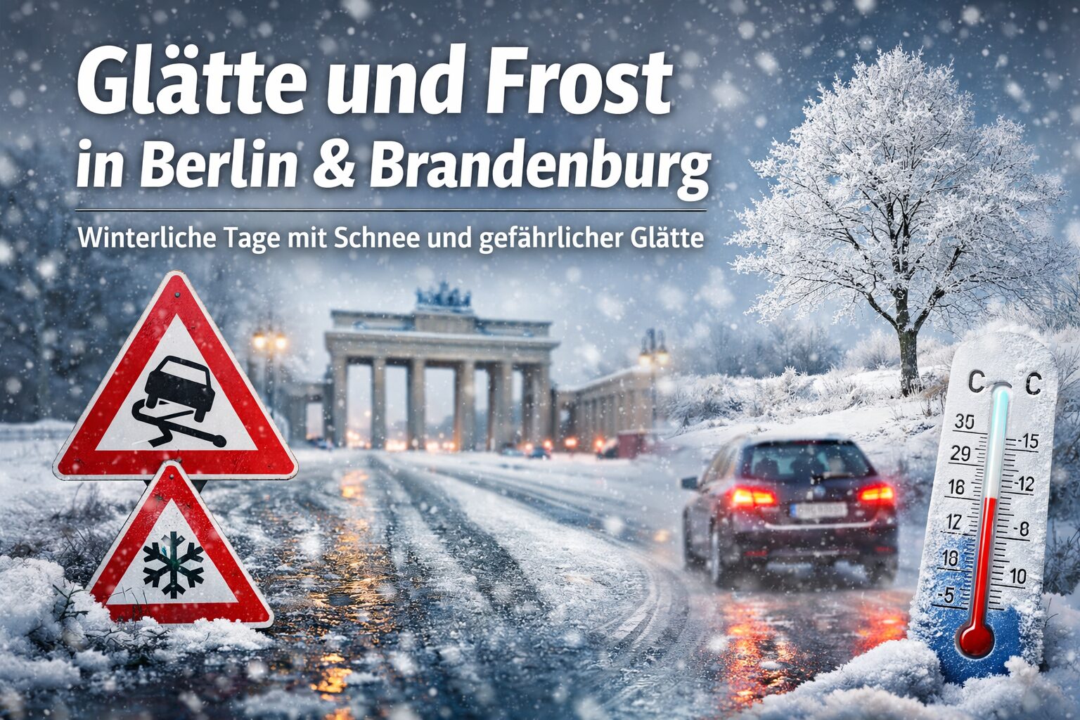 Glatte Straßen und frostige Temperaturen prägen das Winterwetter in Berlin und Brandenburg – Autofahrer und Fußgänger sollten besonders in den Morgen- und Abendstunden vorsichtig sein.